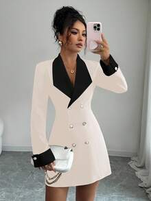 SHEIN Tall Minimalist High-End Black & White Contrast Woven Long Sleeve Open Front Double-Breasted Mid-Length Dress For Women, Suitable For Evening Gala, Sisters Gathering, Night Date White Blazer Dress Tuxedo Dress Women Suit Dress Long Sleeve Elegant Dress White Suits For Woman - Apricot - View 6