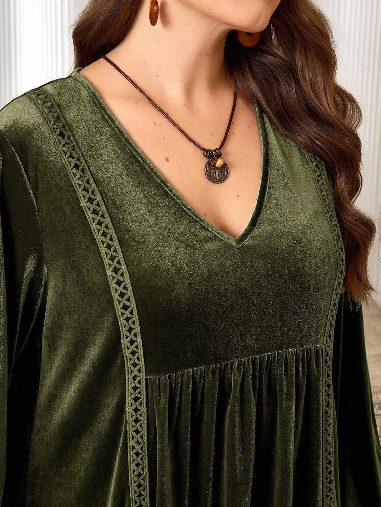 Plus Size Women's Elegant Olive Green Velvet Lace Patchwork Dress,Autumn 70's Vintage V-Neck Long Sleeve Party Dress,Casual Fall Winter Vacation Wear
