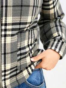 Chamarra afelpada para mujer lana con estampado de cuadros multicolor con cuello texturizado suave de moda casual y ligera para uso diario - Marrón - Ver 7