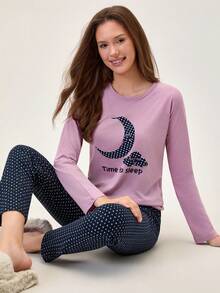 Loomlin 2pcs Cotton Contrast Colour Moon Printed Shirt And Star Printed Sleep Bottom PJ Set - Purple - View 6