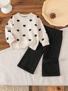 SHEIN Baby Girl Casual Heart Pattern Knit Sweater And Pants Set, Autumn/Winter Baby Set Autumn Winter Season Baby Girl Heart Outfit Baby Girl Sweaters Set Two Piece Winter Outfits For Toddler Girl Toddler Outfit Sets - Khaki - View 4