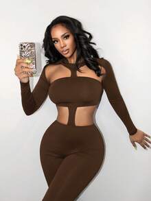 BamGleam Women's Sexy Minimalist Solid Color Hollow-Out Backless Long Sleeve Jumpsuit