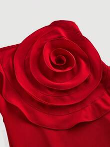 SHEIN MOD Women Ruffle Floral Print Red Strapless Bodycon Dress,Red Dress,Santa Dress, Party Women Dress,New Year Eve Dress,Valentine Outfits - Red - View 3