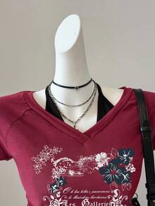 Attitoon 女士休闲复古V领朋克风复古哥特芙蓉花和英文字母印花露背系带撞色短袖T恤，适合夏季，Y2K风格，时尚别致 - 彩色 - 查看 4