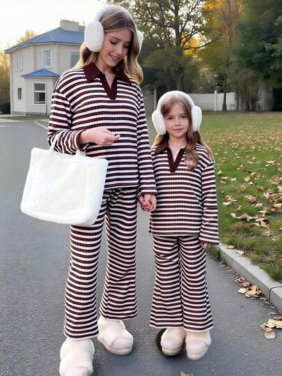 SHEIN Randig pikétröja för flickor, moderiktig outfit, lämplig för vår och höst