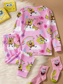 SpongeBob SquarePants | SHEIN Young Girl Cartoon Rainbow Flower & Cloud Print Knit Crew Neck Snug Fit Pink Pajama Set, Autumn/Winter - Pink - View 2