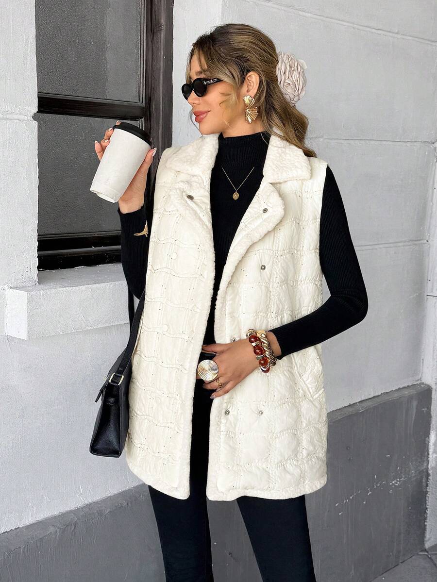 SHEIN Frenchy Áo khoác vest dáng rộng, hai hàng khuy trơn màu dành cho nữ, mùa đông - Màu be - Xem 1