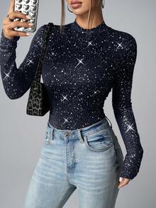 Chiquease Women's Party Metallic Foil Print Crew Neck Long Sleeve Bodycon BodysuitParty Sequence Top Black Rhinestone Top Glittery Top Black Sparkly Top Black Sequin Top - Royal Blue - View 5