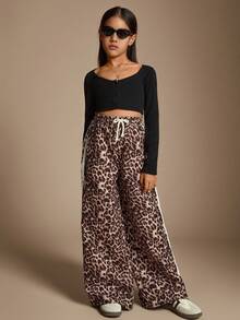 Radiana Tween Girls Leopard Print Drawstring Waist Wide Leg Pants - Multicolor - View 6