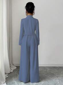 Elenzga 新款女式梭织面料细肩带露背可调节肩带阔腿连体裤，缺口领长袖夹克，通勤百搭优雅年轻女士两件套，秋冬 - 中等水洗藍 - 查看 2