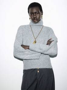 Lumivelle Áo len cổ lọ dài tay trễ vai màu trơn thường ngày cho nữ, Thu/Đông - Màu Xám nhạt - Xem 6