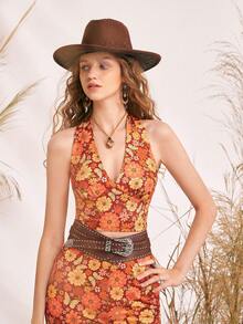 SHEIN MOD Floral Print Tie Backless Halter Top & Flare Leg Trousers - Multicolor - View 5