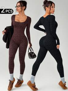 SHEIN Dewbera Women's Seamless Leopard Print Long Sleeve Jumpsuit - Multicolor - View 1