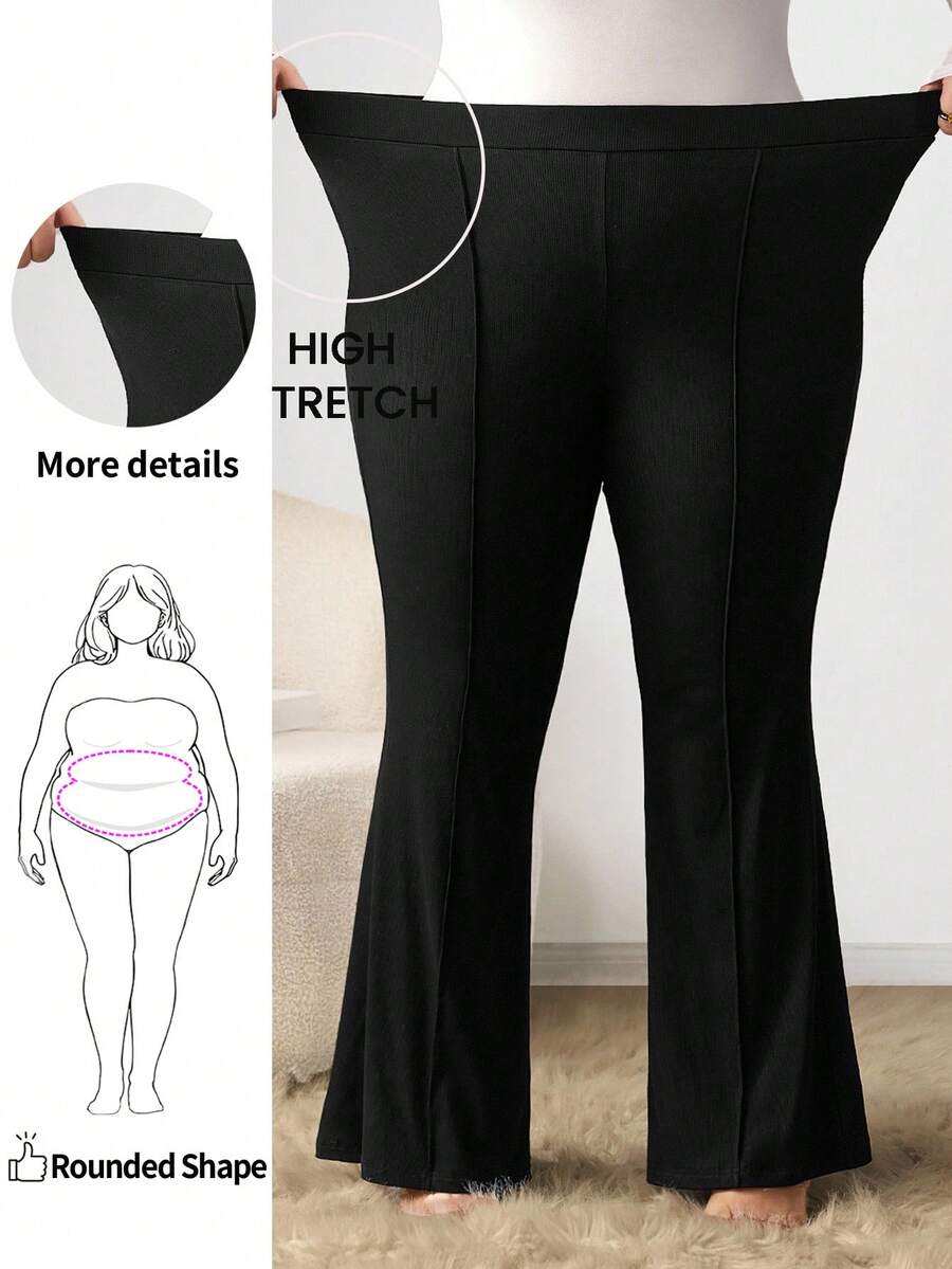 Enliva Obviously_ebony Plus Size Women's Elastic Flare Pants With Pocket Details, For Apple Rounded Body Shape - Black - View 1