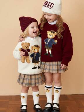 SHEIN סוודר קז'ואל עם צווארון עגול של דוב לילדה צעירה, סתיו/חורף