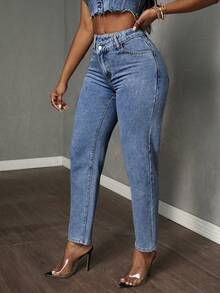 SHEIN Tall Women's Asymmetric Waist Pocket Casual Tapered Jeans