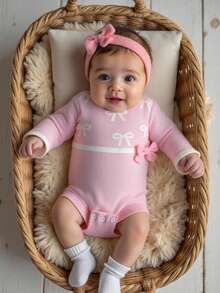 Baby Girl Casual, Fashionable And Cute Pink With Bow Pattern, Three-Dimensional Bow Decoration, Knitted Sweater Bodysuit, Soft And Comfortable, Suitable For Daily Scenes, Scenes, Travel Scenes Cozy Pixies Baby Girl Set Baby Girl Pink Romper Baby Girl Long Sleeve Romper Pink Bow Baby Outfit Newborn Baby Girl Clothes Winter Baby Girl Suit In Pink New Born Baby Girl Clothes Winter - Pink - View 13