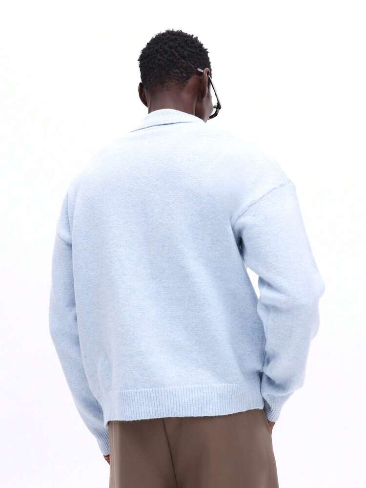 Light Blue Marled Knit Collared Cardigan