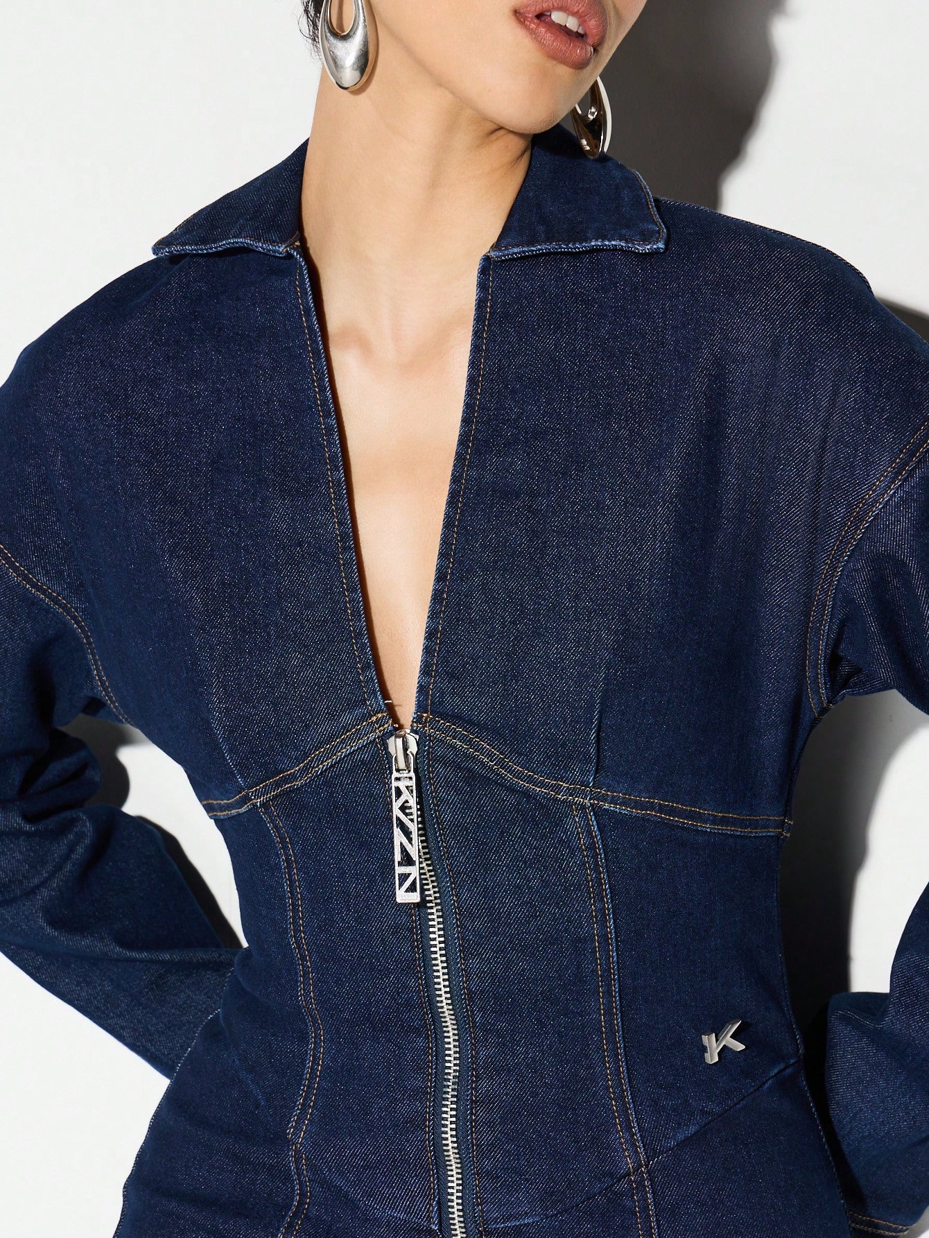 KIZN Long Sleeve Zip Front Mini Denim Dress