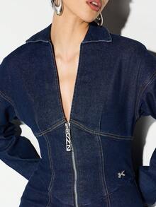 KIZN Long Sleeve Dark Indigo Zip Front Mini Denim Dress With Contrast Stitching For Casual Party Occasions - Dark Wash - View 4