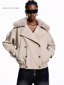 LYSMO 女士时尚百搭双排扣外套，冬季 - 米色 - 查看 4