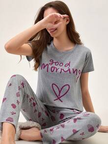 Loomlin 100% 纯棉 2 件撞色心形印花短袖睡衣套装 100% 纯棉 2 件撞色心形印花短袖睡衣套装