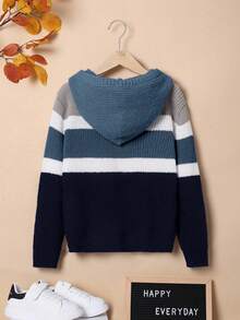 SHEIN Boys' Oversized Striped Hooded Pullover Sweater - Blue - View 2