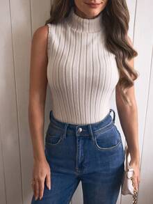 SHEIN LUNE Women's Autumn/Winter Clothing, Turtleneck Ribbed Thermal Lined Undershirt, Slim Fit Sleeveless Tank Top - Apricot - View 5