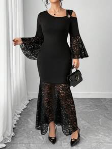 Elenzga Plus Size Women Asymmetric Collar Contrast Lace Flare Sleeve Fishtail Hem Elegant Dress - Black - View 7