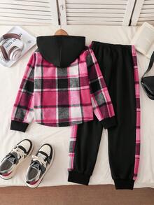 Sparklyn 2 pièces/Set Veste à capuche décontractée à manches longues pour filles, en tissu tricoté à carreaux rose rouge avec fausses poches et design à boutons devant + Pantalon ample et confortable à cordon de serrage en patchwork à carreaux rose rouge, convient pour les sorties et les rassemblements quotidiens - Rose vif - Voir 2