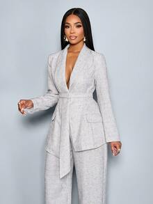 SOLERSUN Women's Light Grey Summer Elegant Office Tweed Suit Set,Vintage Lapel Collar Asymmetrical Hem Belted Blazer Jacket & Pants Simple Commuter Fashion - Grey - View 6