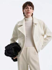 SHEIN LUNE Women's Elegant, Casual, Luxury White Turndown Collar Waist Short Wool Blend Coat, Suitable For Party, Commute, Outing, Halloween, Christmas, New Year, Thanksgiving, Winter - White - View 6