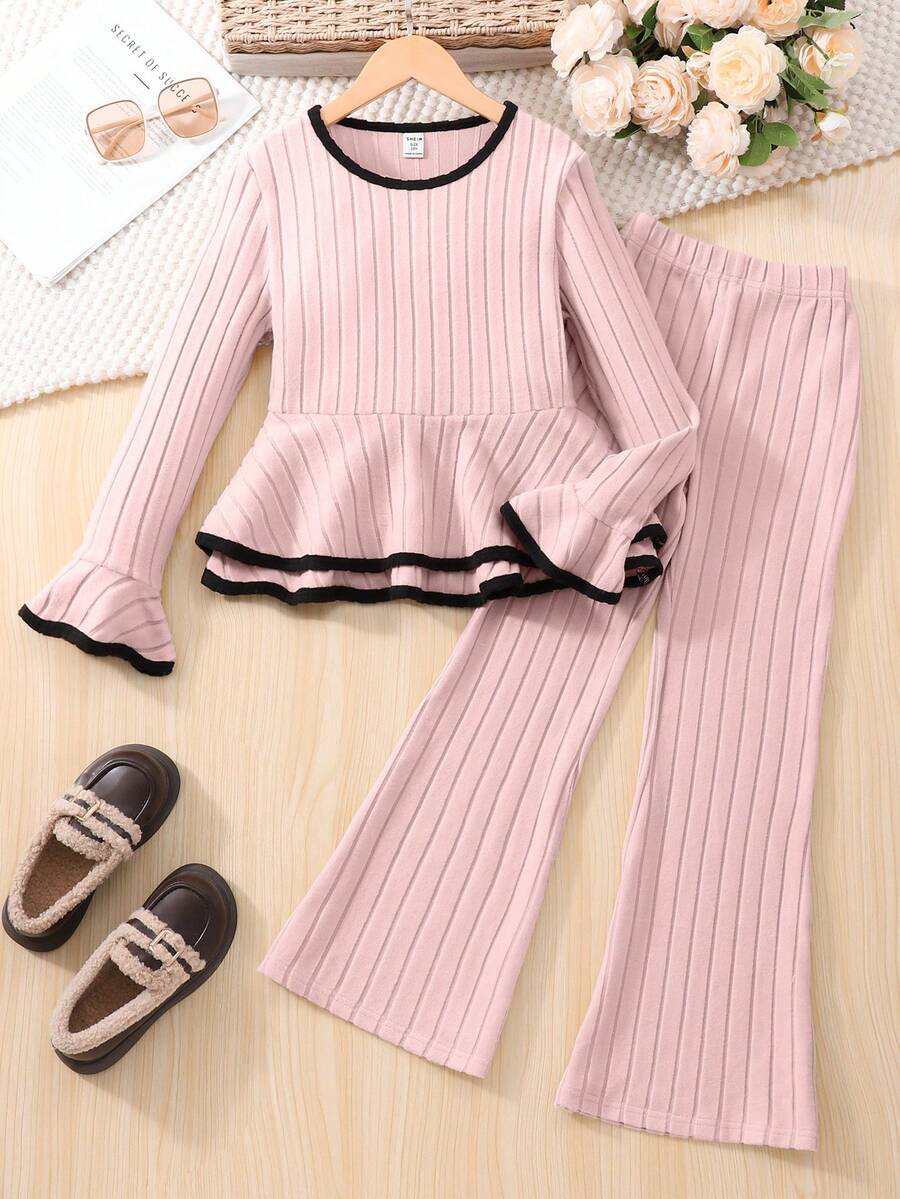 SHEIN Girls' Spring/Autumn Flared Sleeve Top And Pants Casual Street Fashion Suit - Baby Pink - View 1