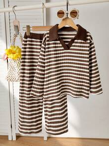 SHEIN Girls Striped Polo Shirt Top, Fashion Outfit, Suitable For Spring & Autumn - Brown - View 2