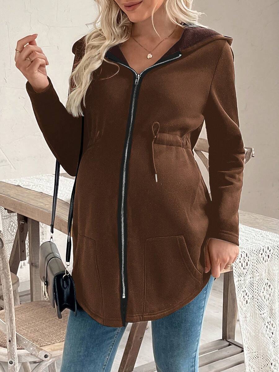 SHEIN Veste de maternité unie décontractée à capuche, manches longues, coupe régulière