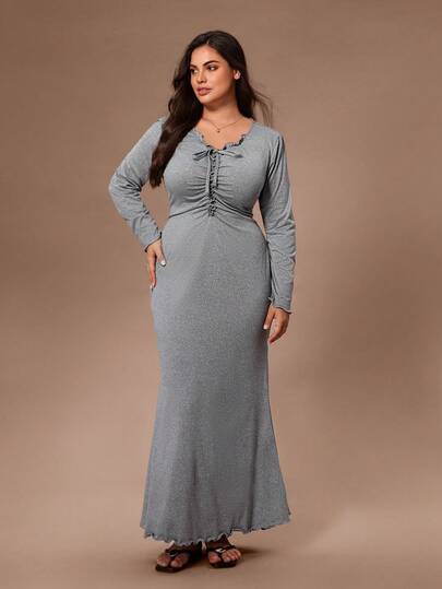 Lazeform Plus Size Solid Color V-Neck Ruffle Tie Waist Fitted Long Nightgown, Winter