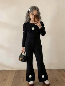 Girls Casual Minimalist Round Neck Raglan Long Sleeve Short Solid Color 3D Bow Knit Flower T-Shirt Paired With High Waist Long Flared Solid Color Fuzzy Ribbed Pants Set, Fashionable Autumn/WinterTwo Piecese Outfit For Girls - Black - View 9
