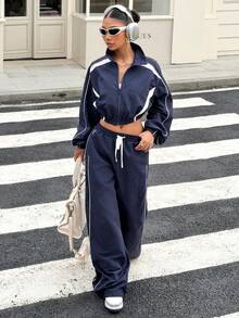 Muchica Women's Casual Sporty Color Block Zip-Up Jacket And Pants Set For Going Out Outfits, Back To School, Streetwear - Royal Blue - View 5