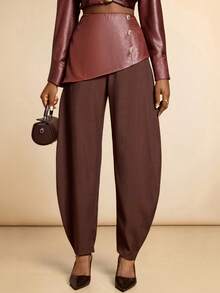 SHEIN Veneréa 仿皮纹理拼接设计金属装饰裤 - 棕色 - 查看 1