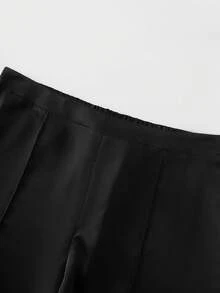 Cravure Plus Size Women's Autumn/Winter Satin Texture Ruffled Collar Long Sleeve Pleated Design Pullover Fitted Slightly Loose Blouse And Matching Elastic Waist Straight Leg Pants 2-Piece Set, &Regalyn Top And Pants Suit, Versatile For Commuting, Shopping, And Daily Wear - Black - View 6