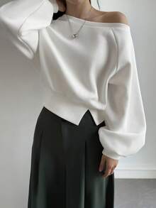 DAZY Sudadera corta ajustada con hombros oblicuos para mujer - Blanco - Ver 4