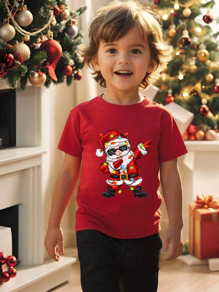 小男孩聖誕節 Dabbing 聖誕老人 T-shirt,卡通彩色燈光圖案基礎短袖上衣,夏季家庭套裝派對服飾 - 紅色 - 查看 1