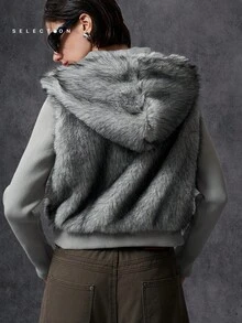 LYSMO 2025新款极简主义冬季女式休闲时尚街头风连帽长袖人造毛皮拉链开衫背心，秋冬灰色毛皮外套女式冬季服装外套女式秋季服装 - 灰色 - 查看 2