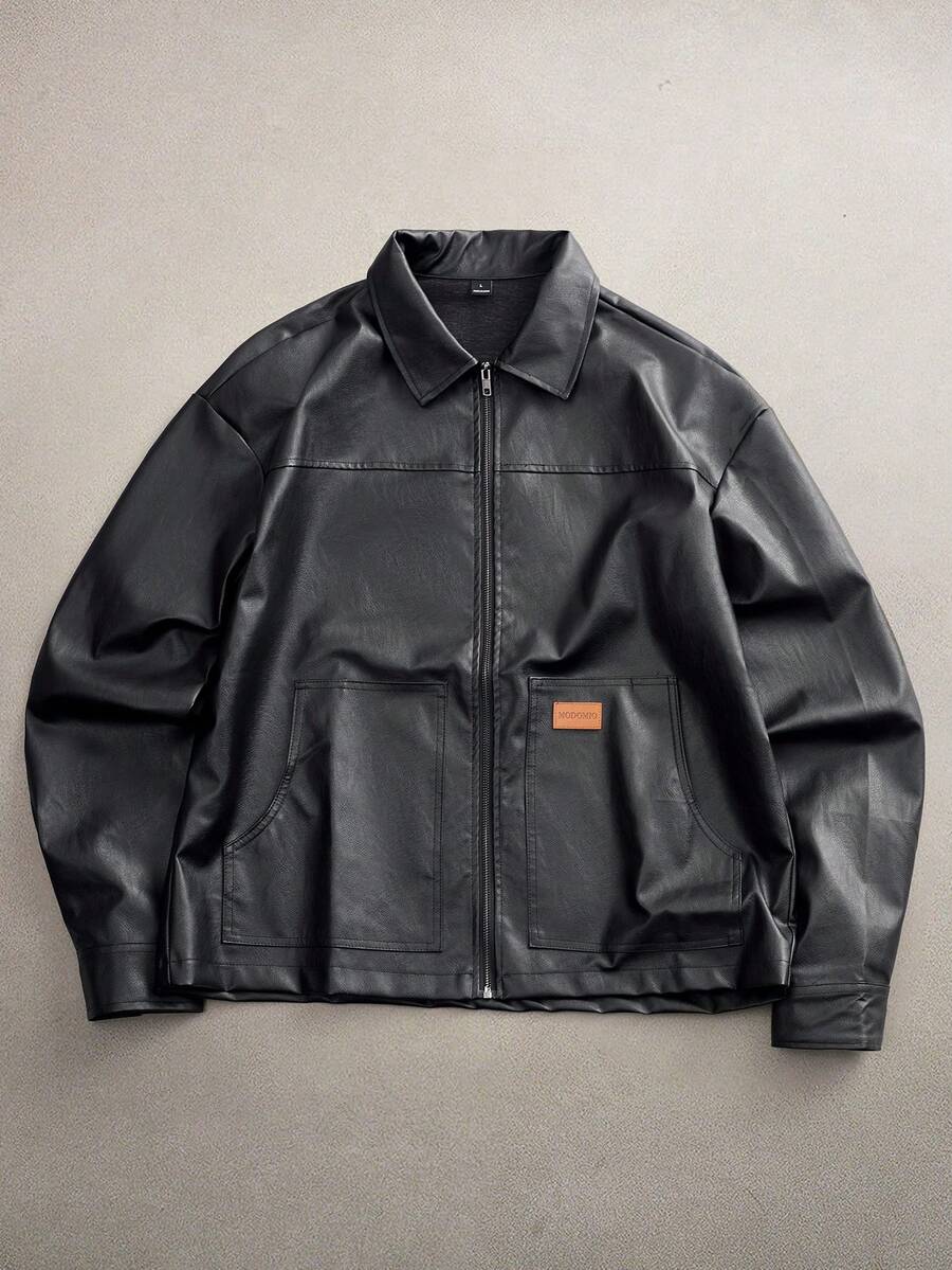 AXEPEAK Men's Casual Woven PU Leather Collar Jacket, Suitable For Everyday Wear Men Black Leather Jacket Men Streetwear Jacket Black Leather Jacket With Pockets Loose Fit Leather Jacket Men Men Casual Leather Jacket , Fall Winter - Brown - View 1