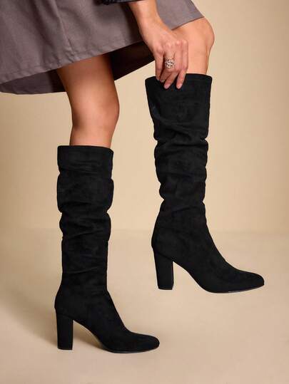 Daringsoles 女士黑色尖头褶皱时尚百搭高跟过膝长靴