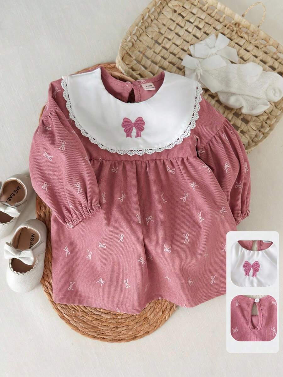 SHEIN Vestido elegante de manga larga con lazo y estampado de encaje en pana rosa para bebé niña, adecuado para salidas, sesiones de fotos, uso diario y escuela