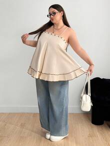 Enliva 大码女式金属孔眼细节、褶饰、A 字下摆可调节肩带吊带背心/秋冬 - 卡其色 - 查看 4