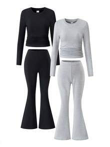 Tween Girl) Casual All-Match Versatile Daily Wear Crew Neck Short Long Sleeve Top + Flare Leggings Tight Knit Autumn/Winter 3 Pieces Set - Multicolor - View 3