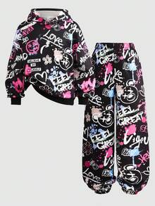 SHEIN Tween Girl Colorful Letter Print Hooded Sweatshirt And Sweatpants 2 Pieces Set, Fleece, Thickened - Multicolor - View 8