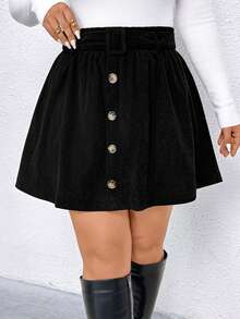 Elenzga Plus-Size Casual Black Button-Decorated A-Line Skirt,Women's Smart Casual Autumn Everyday Back-To-School Elegant Short Skirt For Office Party Wedding - Black - View 1